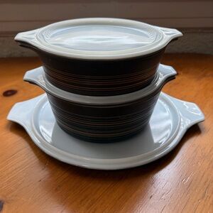 Pyrex Saucepans with "Terra" Pattern 65s Vintage Ceramic Casserole Dishes set 5